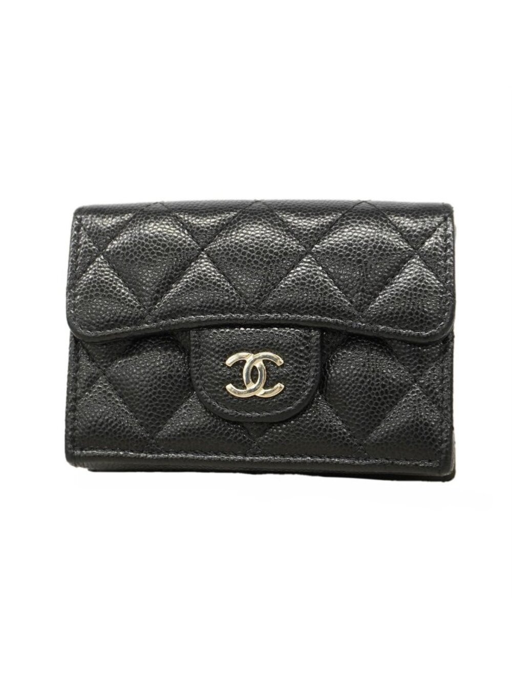 Chanel Trifold Wallet Quilted Caviar Leather Black Silver